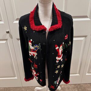 Black and red Christmas sweater with Santa, gifts, Christmas trees, embroidery